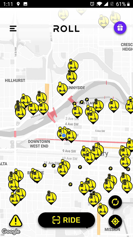 Roll scooters available for use on a map inside their app - tap on the closest scooter