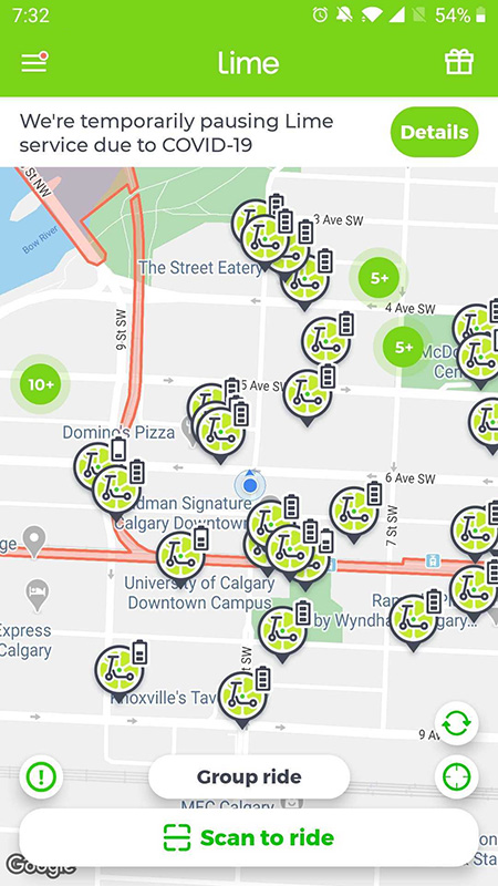 Lime Scooters in Calgary in the Lime App available for use on a map