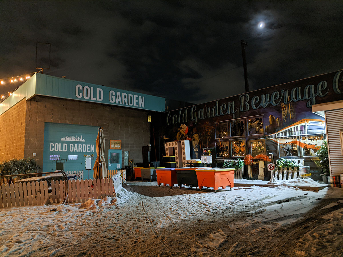 Cold Garden Beverage Company outside at night