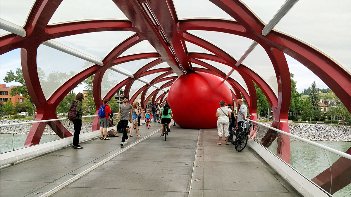The Peace Bridge in Calgary giant red ball art project