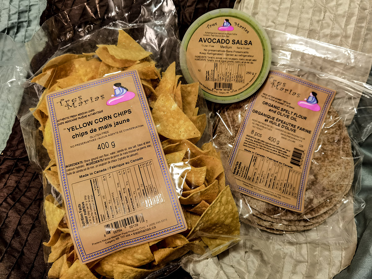 Best of Calgary Foods - Tres Marias Mexican Food Market Yellow Corn Chips with Avocado Salsa and organic spelt flour with olive oil wraps